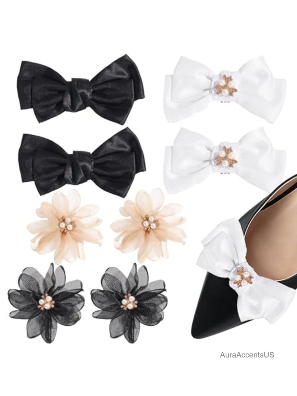 Women's Rhinestone Pearl Shoe Clips Set of 4 Floral Bow Shoe Charms for Wedding